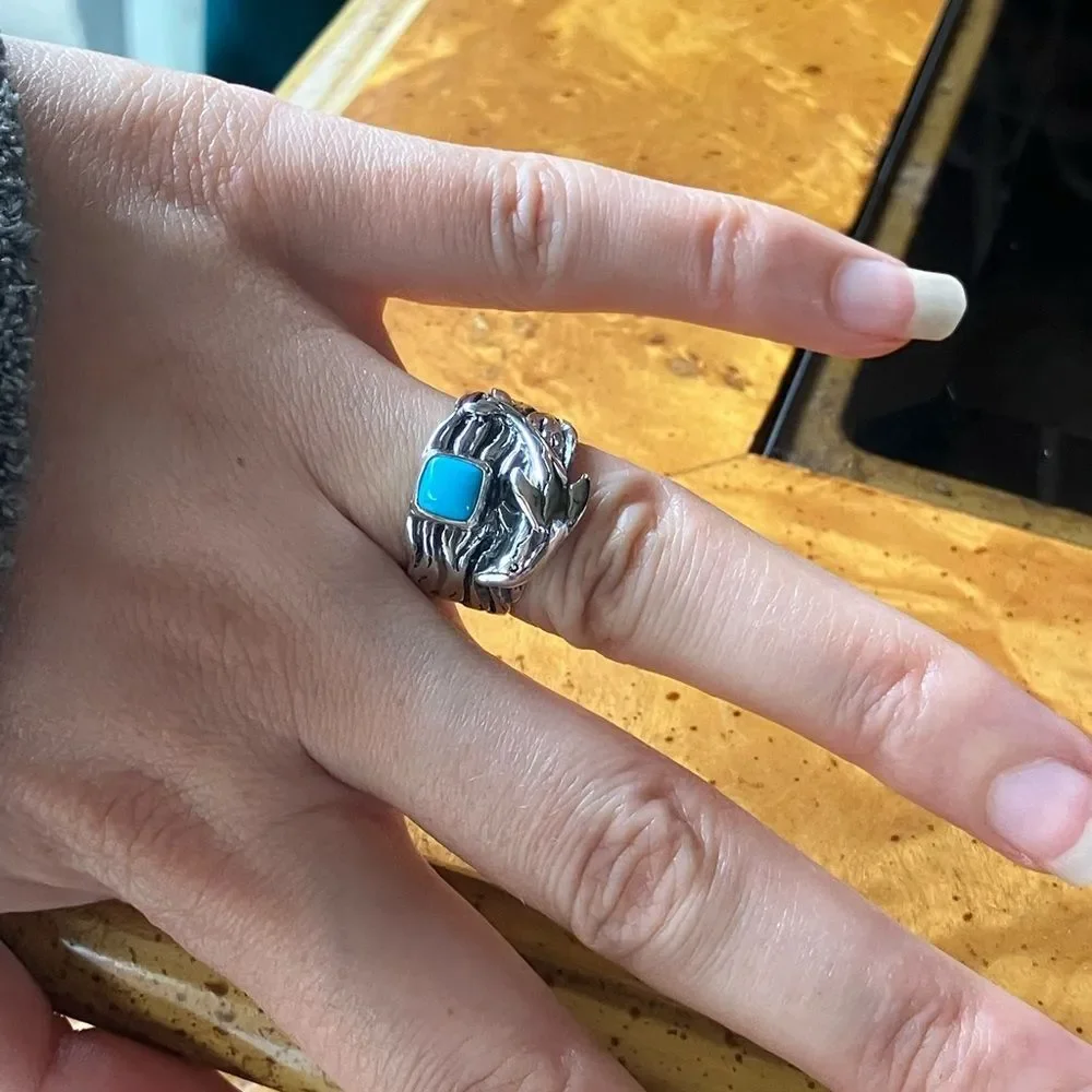 Sleeping Beauty Turquoise Sterling Silver Dolphin Ring Size 7